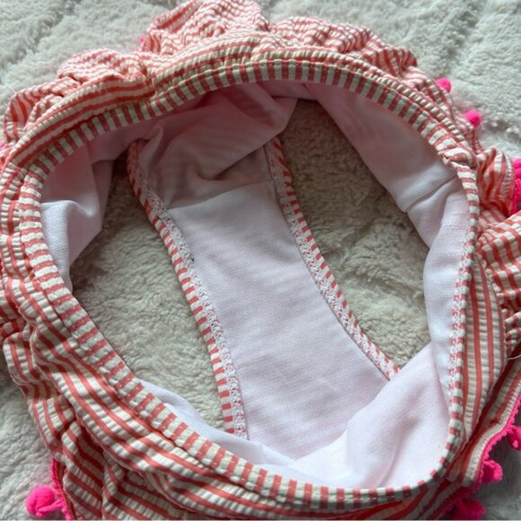 Betsey Johnson | Pink And Cream Seersucker Pompom Trimmed Bikini Set | Size 12 - Picture 6 of 7